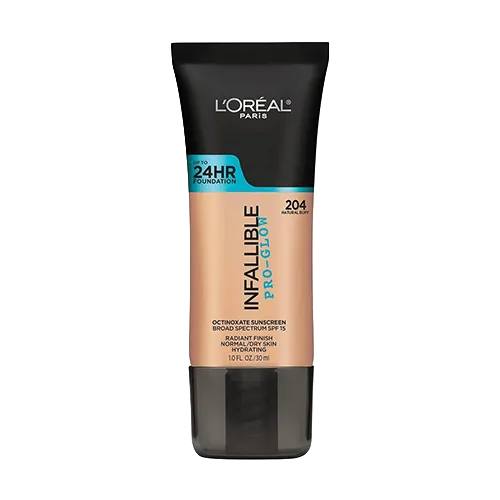 L'Oréal Paris Infallible Pro-Glow foundation tube in shade 204 Natural Buff with 24-hour wear and SPF 15.
