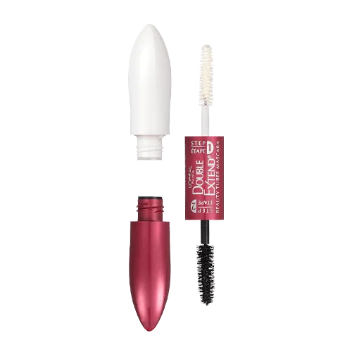 L'Oréal Double Extend Beauty Tubes mascara with two-step applicators, one clear and one black.