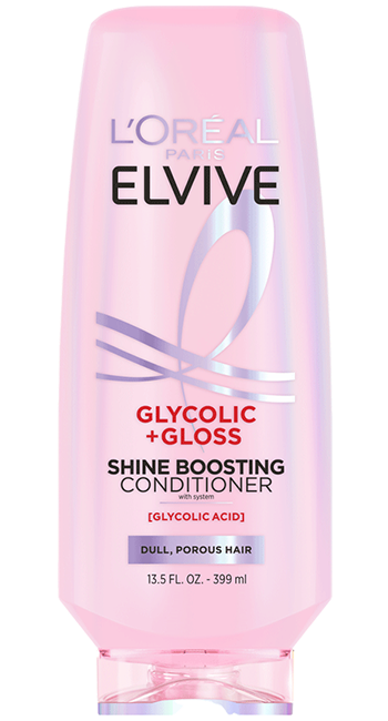 L'Oréal Paris Elvive Hyaluron + Pure rehydrating conditioner bottle with purple design.