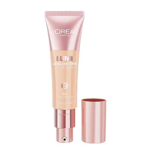 L'Oréal Paris Lumi Le Glow Tint liquid tinted moisturizer tube in shade 100 Coco/Frisco with its cap removed.