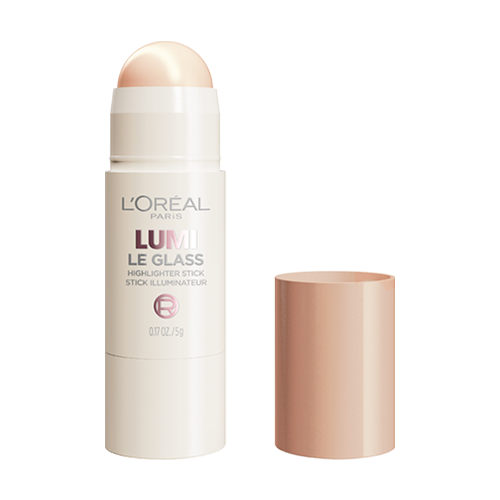 L'Oréal Paris Lumi Le Glass highlighter stick with beige cap removed, showing creamy product tip.