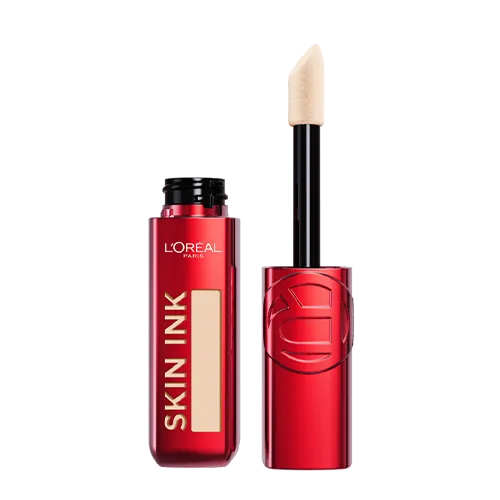L'Oréal Paris Skin Ink foundation and concealer in a red container with applicator wand.