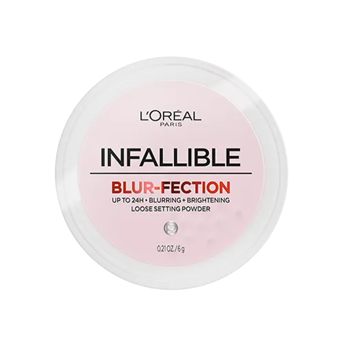 L'Oréal Paris Infallible Blur-fection loose setting powder container with pink lid.