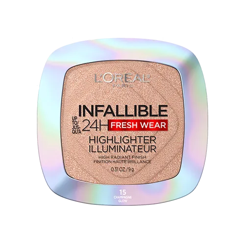 L’Oreal Infallible 24H Fresh Wear highlighter in shade 15 Champagne Glow with high radiant finish.