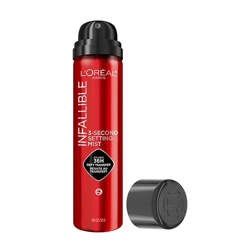 L'Oréal Paris Infallible 3-Second Setting Mist spray bottle with black cap removed and placed beside it.
