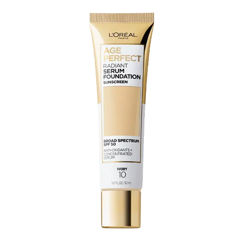 Tube of L'Oréal Age Perfect Radiant Serum Foundation Sunscreen in shade Ivory 10 with SPF 50.