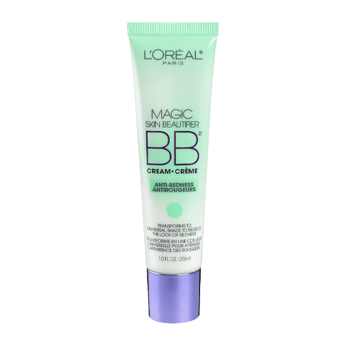 Tube of L'Oréal Paris Magic Skin Beautifier BB Cream for anti-redness with a mint green top and purple cap.