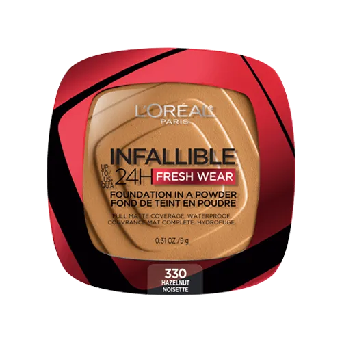 L'Oréal Paris Infallible 24H Fresh Wear foundation in a powder, shade 330 Hazelnut, with full matte coverage and waterproof formula.