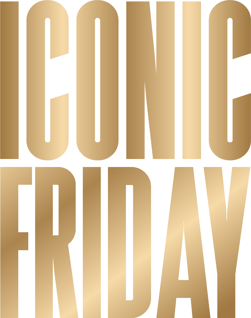 Text reading 'ICONIC FRIDAY' in large, bold, gold gradient letters stacked vertically on a transparent background.
