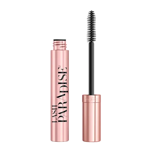 Open rose gold tube of Lash Paradise mascara with wand showing a thick bristle brush.
