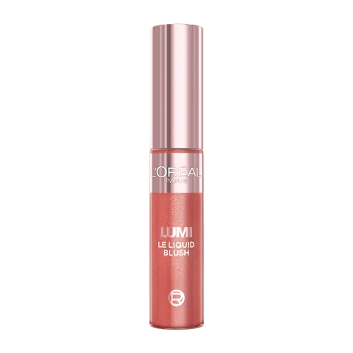 Tube of L'Oréal Paris Lumi Le Liquid Blush in a rose gold container with pinkish coral blush.