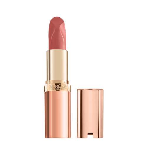 L'Oréal Paris lipstick in a rose gold tube with the cap off, showing a muted pink shade.