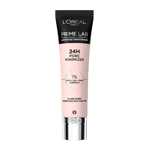 Tube of L'Oréal Paris Prime Lab Advanced Derm Primer 24H Pore Minimizer with 1% AHA, LHA, and BHA complex.