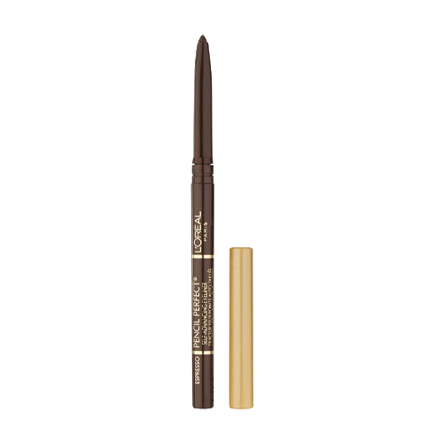 L'Oréal Paris eyebrow pencil in espresso shade with gold cap removed.