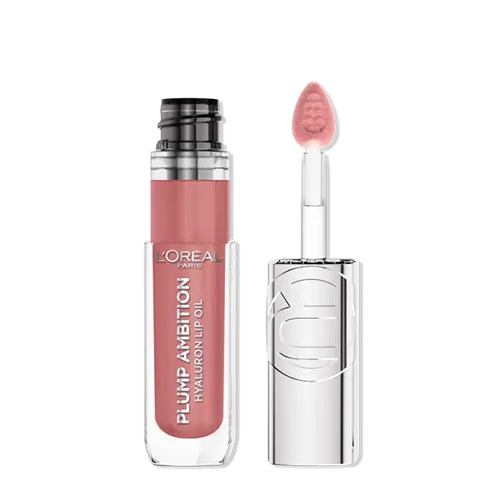 L'Oréal Paris Plump Ambition Hyaluron Lip Oil in a pink shade with the applicator wand removed from the bottle.