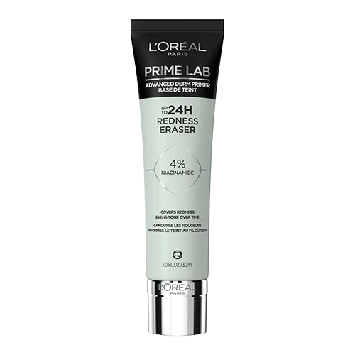 L'Oréal Paris Prime Lab Advanced Derm Primer tube with 4% niacinamide to erase redness for up to 24 hours, 30ml.