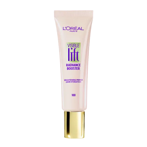 L'Oréal Paris Visible Lift Radiance Booster brightening primer tube with gold cap.