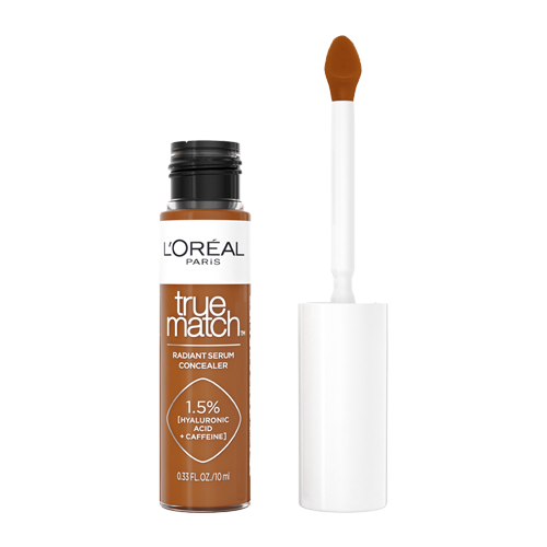 L'Oréal Paris True Match Radiant Serum Concealer bottle with applicator wand displaying medium brown shade.