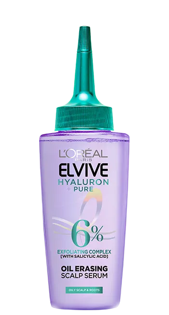 L'Oréal Paris Elvive Hyaluron + Pure 6% exfoliating complex oil erasing scalp serum in a purple bottle with a green nozzle cap.