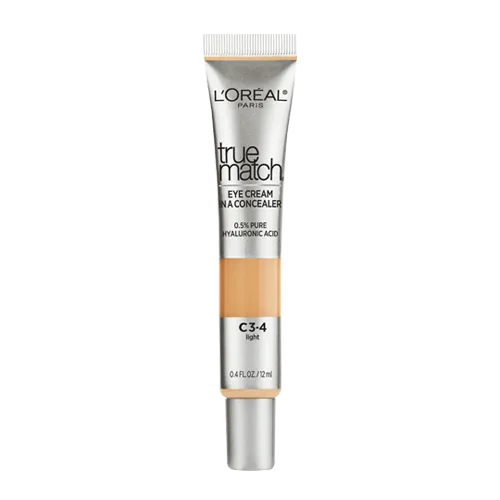 Tube of L'Oréal Paris True Match Eye Cream and Concealer in shade C3-4 Light with 0.5% pure hyaluronic acid, 12 ml.