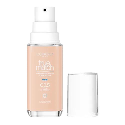 L'Oréal Paris True Match Super-Blendable Foundation in shade C2.5 Cool Light Medium with pump dispenser and clear cap beside it.