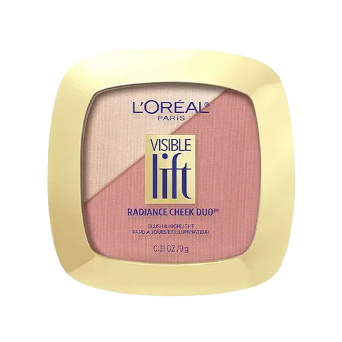 L'Oréal Paris Visible Lift Radiance Cheek Duo blush and highlight makeup compact with two shades.